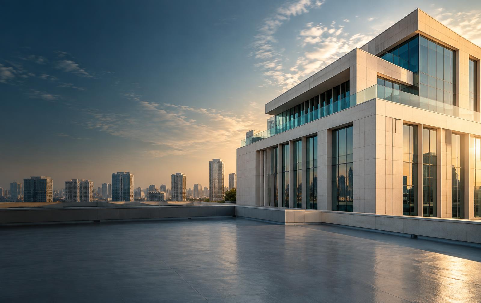 Modern commercial rooftop and architecture in the UAE; illustrative imagery
