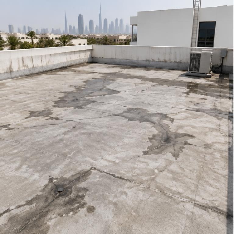 Illustrative weathered concrete roof with staining and worn joints before waterproofing