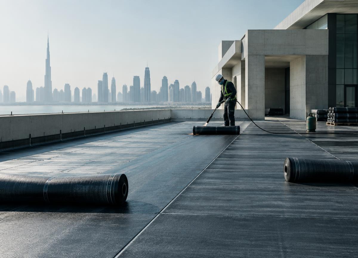 Illustrative waterproofing membrane installation on a flat roof